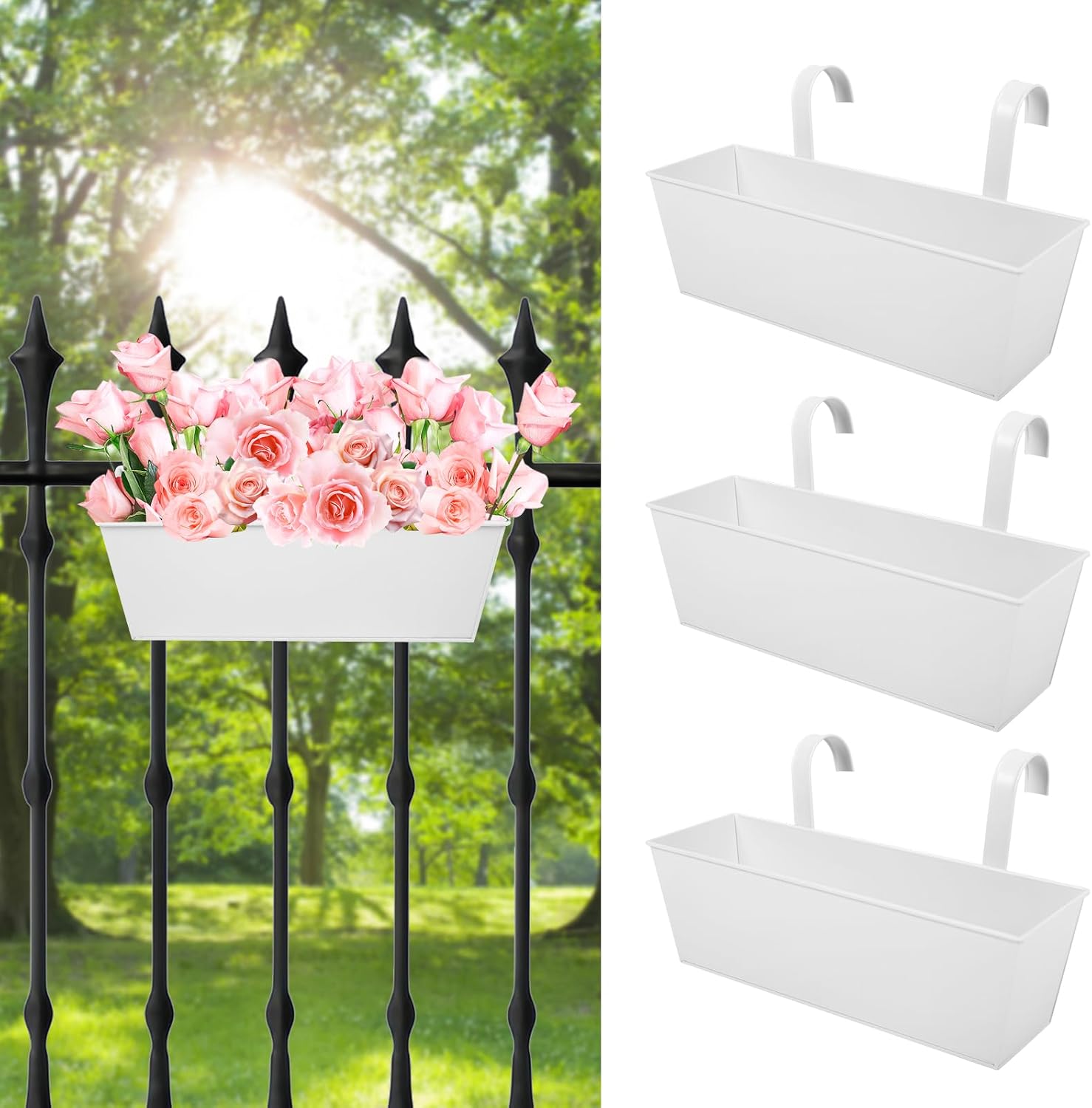 16 Inch Railing Planters Box Metal Hanging Flower Pot 3 Pcs