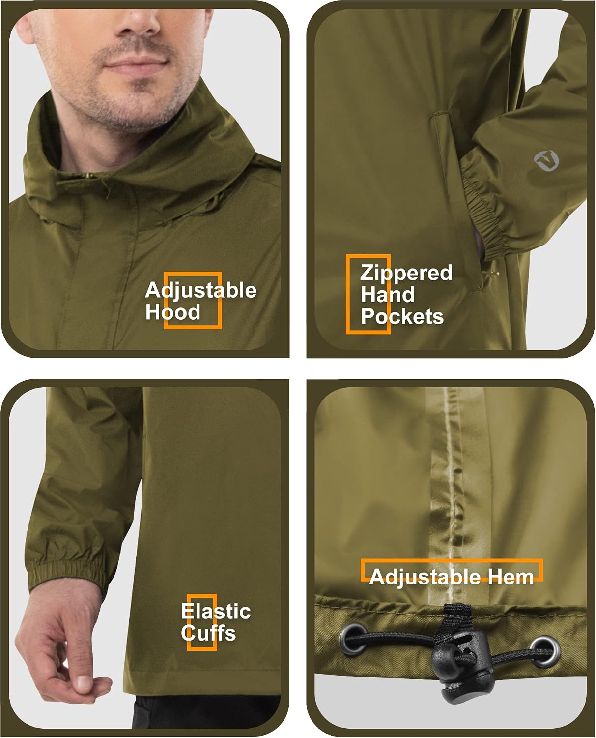 Outdoor Ventures Men's Rain Jacket Waterproof Lightweight Packable Pullover