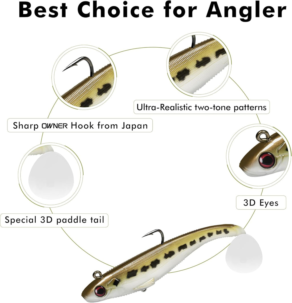 TRUSCEND Shadtale Easy Catch Soft Fishing Lures with BKK Hooks - Trembly Sinking and Vibrating Swim for More Bites, Pre-Rigged Swimbaits for Bass, Trout, Crappie, Walleye, Freshwater Saltwater Fishing