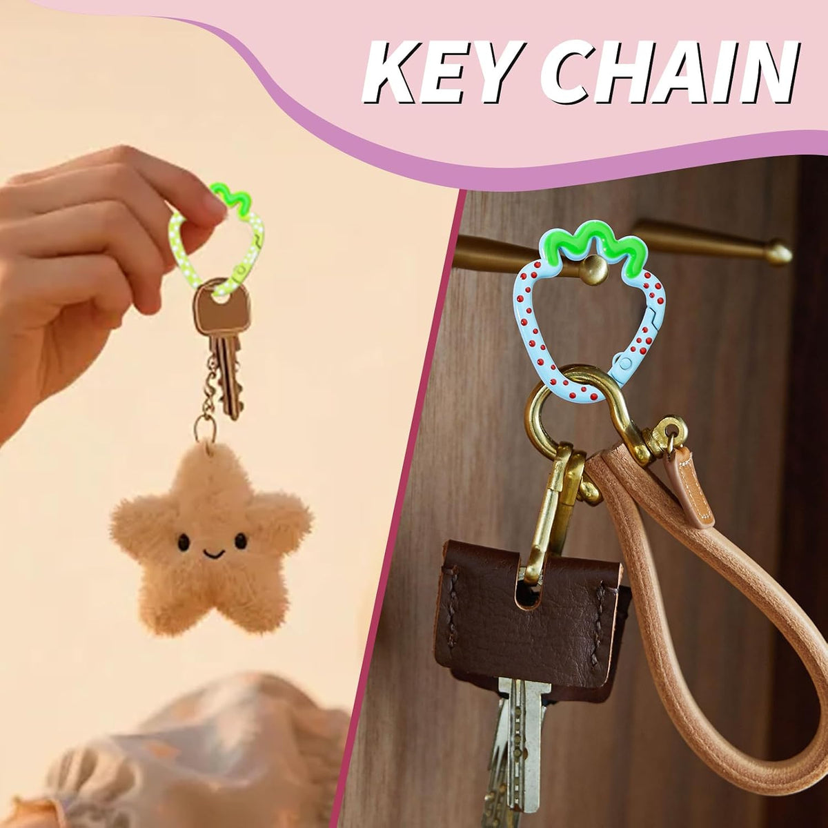 12 Pcs Cute Carabiner Keychain Clips,Strawberry Shape Keychain Rings, Metal Ring Spring,Flat Spring Ring for Purse Strap, Handbag, Key Chain Hooks Accessories