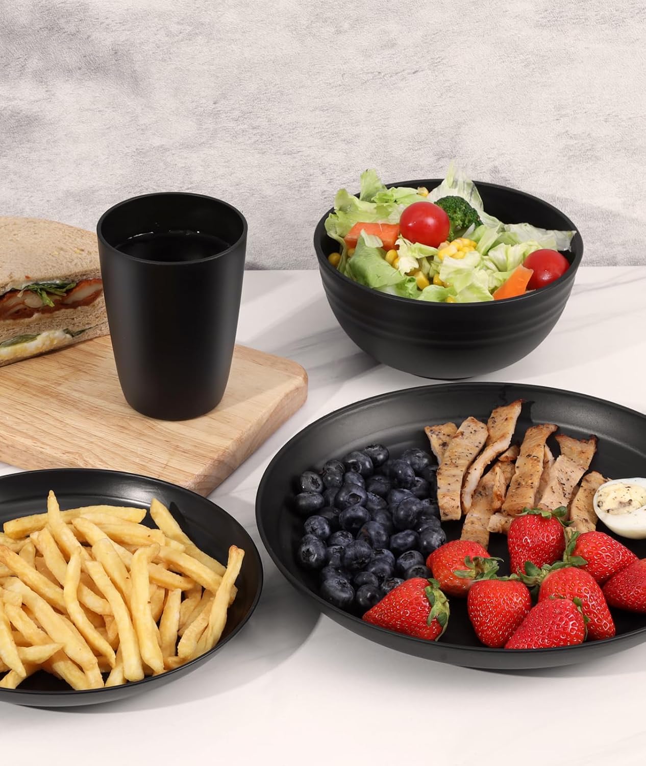 Quatish 24 Piece Plates and Bowl Set for 6, Dinnerware Dish Set for Kitchen | Unbreakable, Dishwasher Microwave Safe, House Warming Gift New Home,Dorm Apartment Essential, Kitchen and Dining Decor, Black
