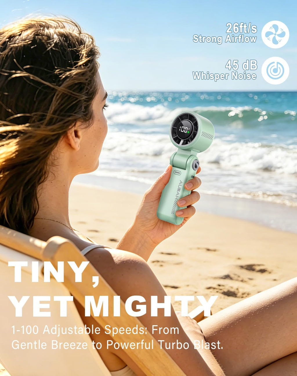 Portable Handheld Turbo Fan - 5 Speed Mini Personal Fan with Strong Airflow, Foldable 3 in 1 Rechargeable Battery Operated Trave Essentials Hand Fans for Indoor/Outdoor Use, Green