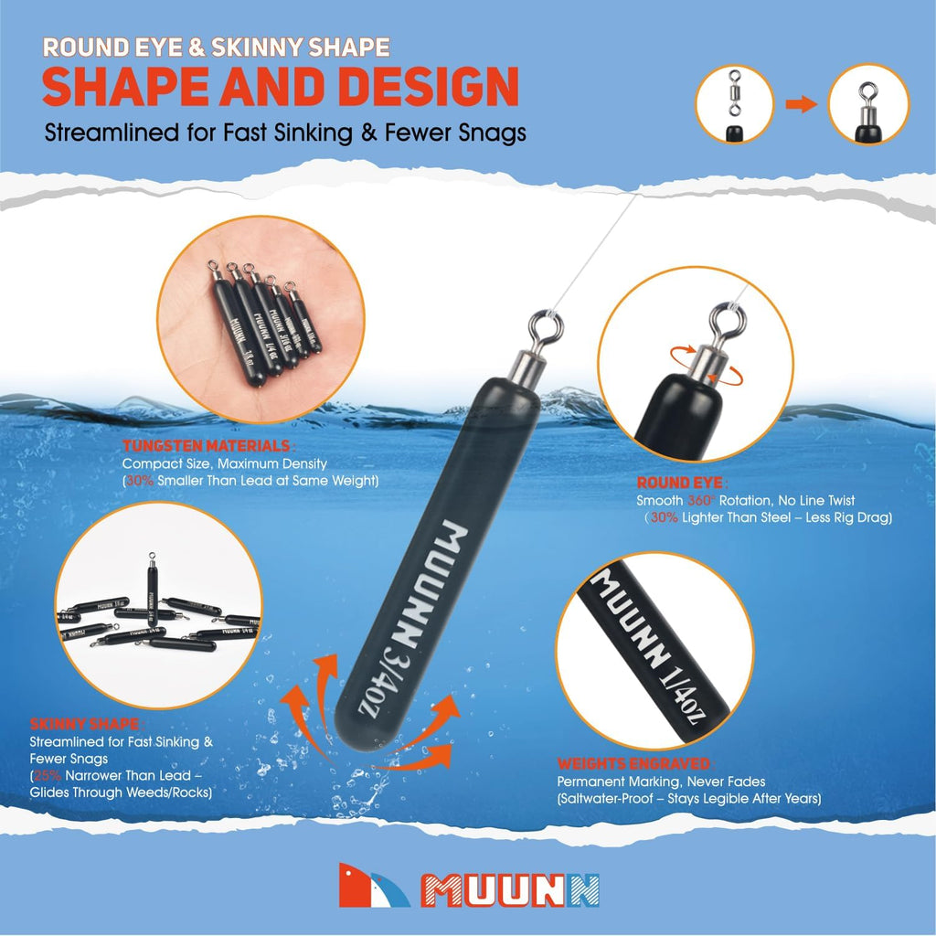 Tungsten Skinny Drop Shot Weights with Rotating Round Eye