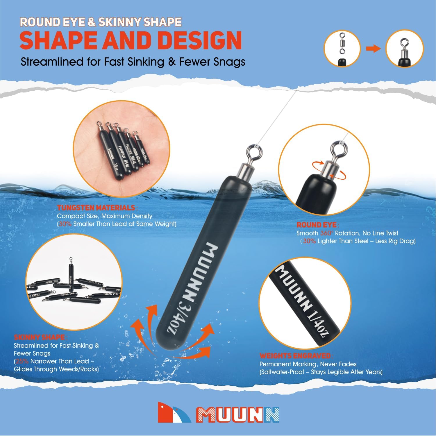 Tungsten Skinny Drop Shot Weights with Rotating Round Eye
