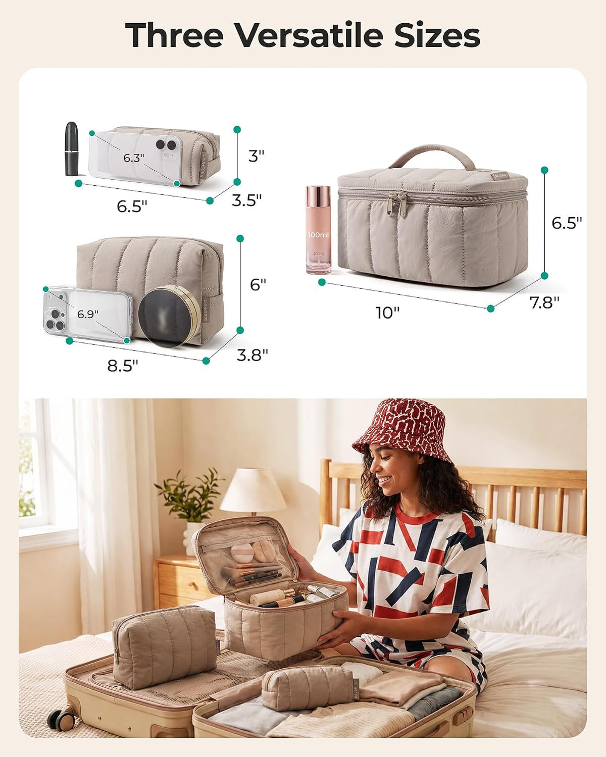 BAGSMART Travel Makeup Bag Set, 3 Pc Puffy Cosmetic Pouch, Leopard Print
