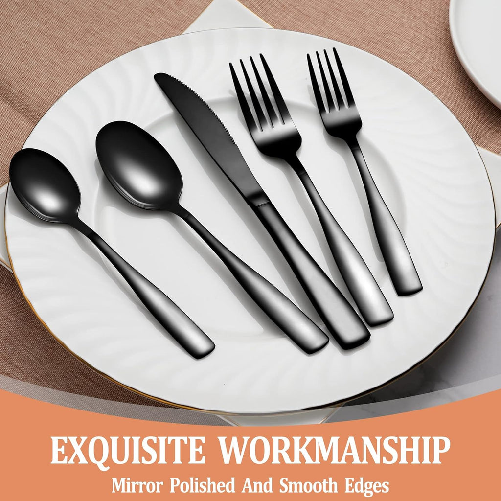 20 Pcs Black Silverware Set, Food-Grade Stainless Steel Flatware Set for 4, Square Cutlery Set, Mirror Polished Tableware Eating Utensils Set for Kitchen, Include Knife Fork Spoon Set,Dishwasher Safe