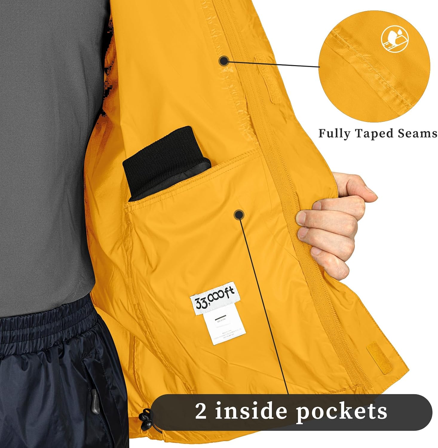 33,000ft Men's Packable Rain Jacket Lightweight Waterproof Golf Raincoat