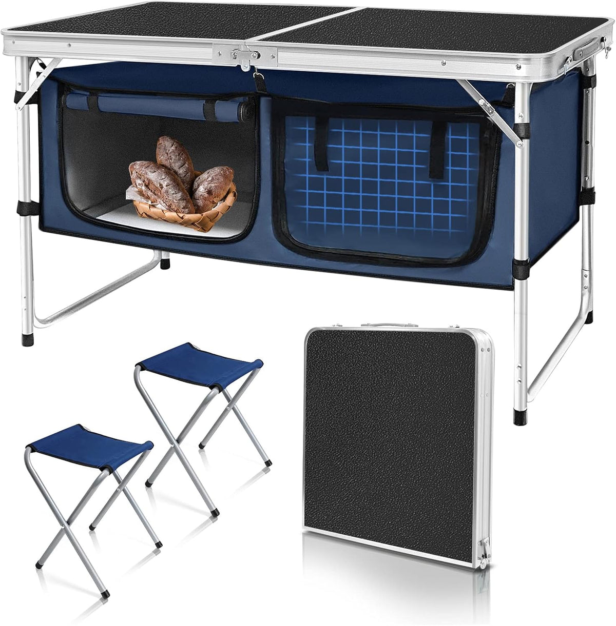 Folding Camping Table with Storage Compartment Aluminum Lightweight Camp Kitchen Table Height Adjustable Indoor/Outdoor Table Perfect for Tailgating, Backyards, BBQ, Picnic (Black-Wide W/Stool)