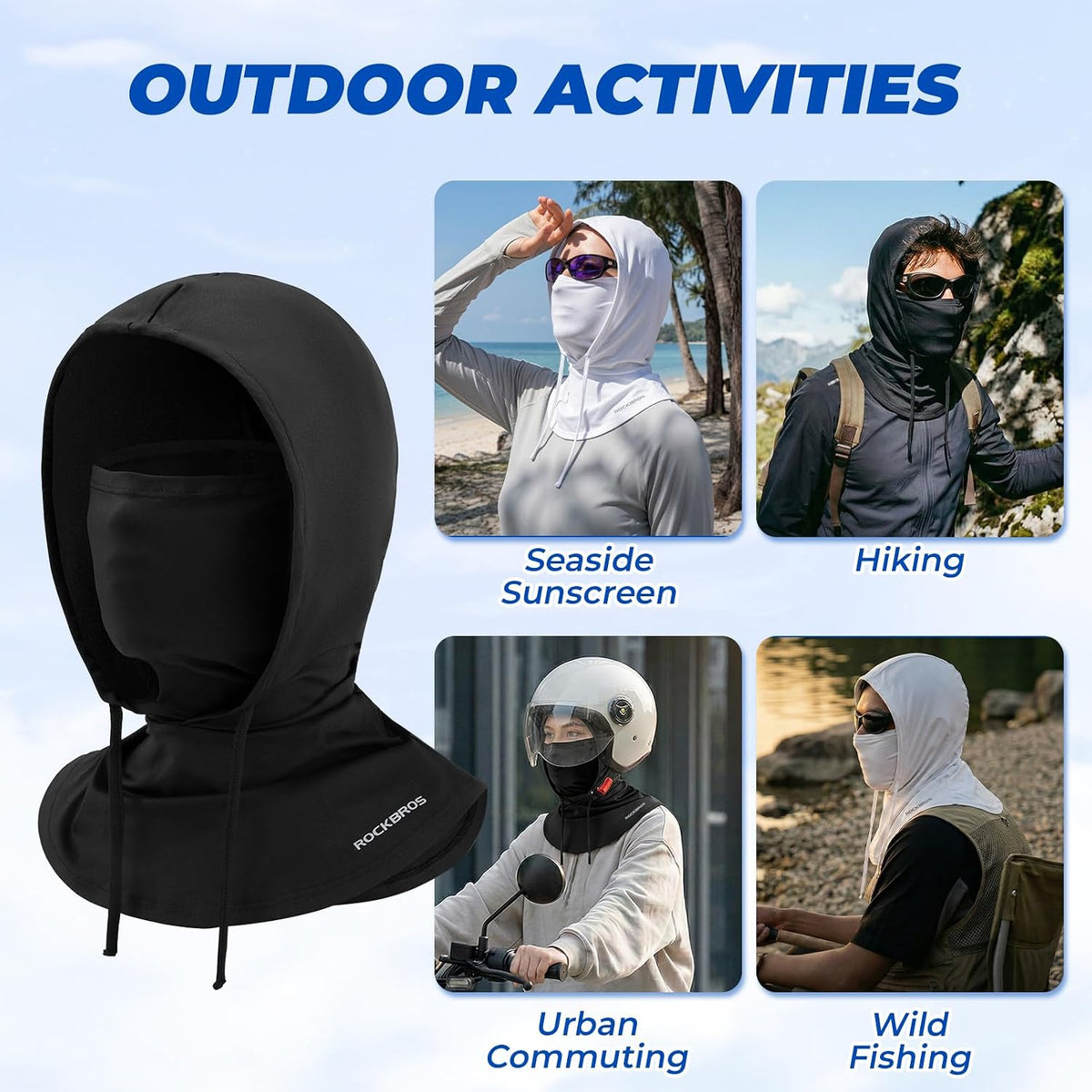 ROCKBROS Cooling Balaclava Face Mask 3 in 1 Full Face Mask for Summer with Ear Loops Neck Gaiter Sun UV Protection