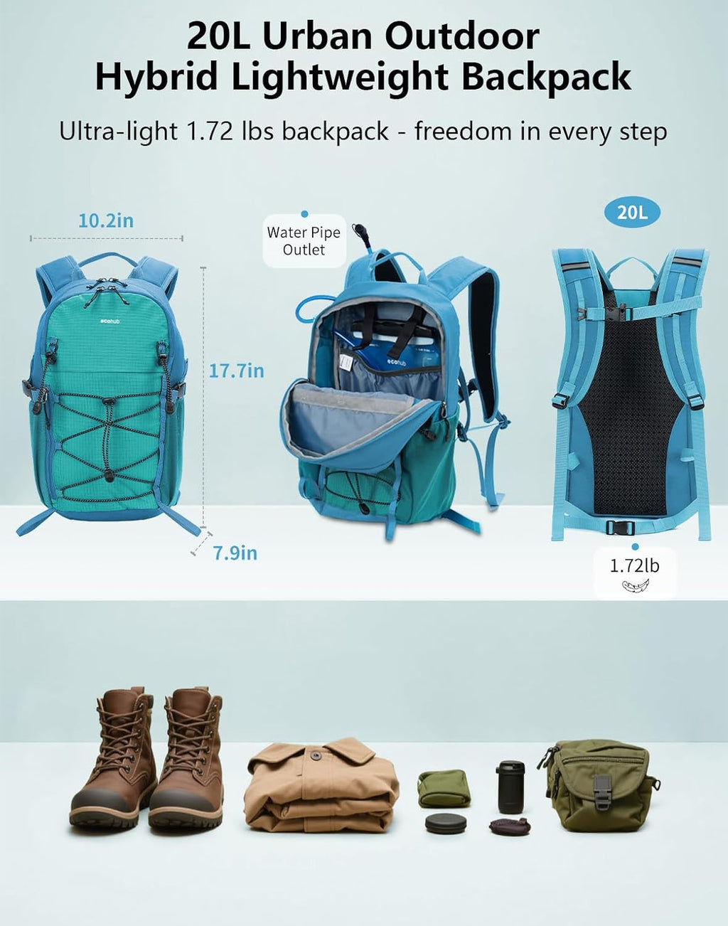 ECOHUB Small Hiking Backpack for Men Women, 20L Lightweight Travel Backpacks Water Resistant Camping Cycling Hiking Daypack