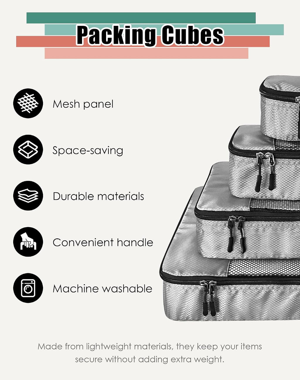 WTREE 4-Piece Packing Cubes Travel Accessories Set for Suitcases - Luggage Organizer Bags with Double Zipper - Mesh Top - Small/Medium/Large/Slim - Grey