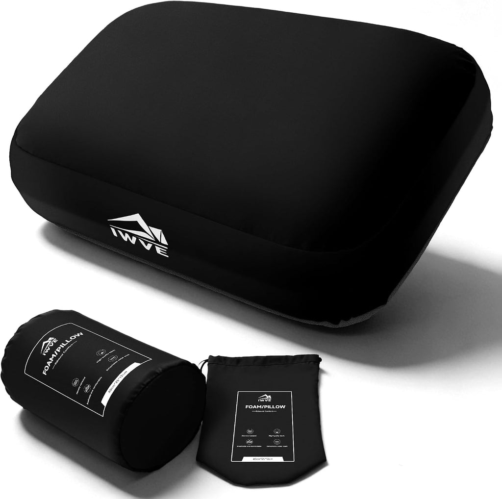 Thick Camping Memory Foam Pillow, Compressible & Ultralight Travel Pillow for Backpacking - Ergonomic Neck & Lumbar Support for Side Sleepers, Compact for Hiking, Car, Airplane (Black)