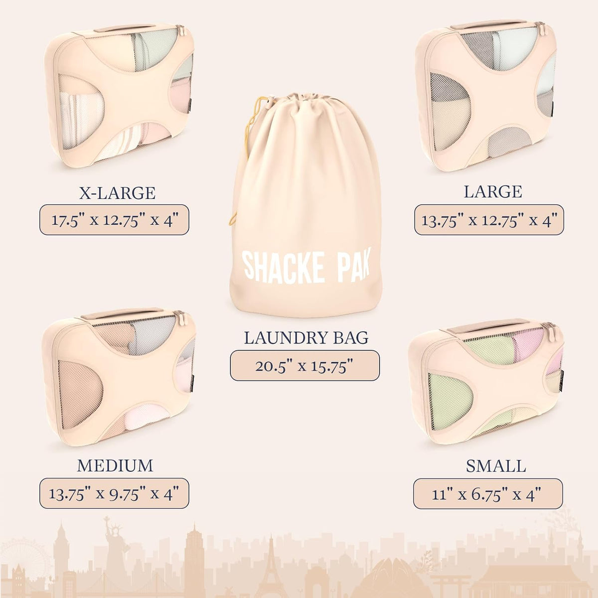 Shacke 5 Set Packing Cubes for Travel with Laundry Bag (Cream)