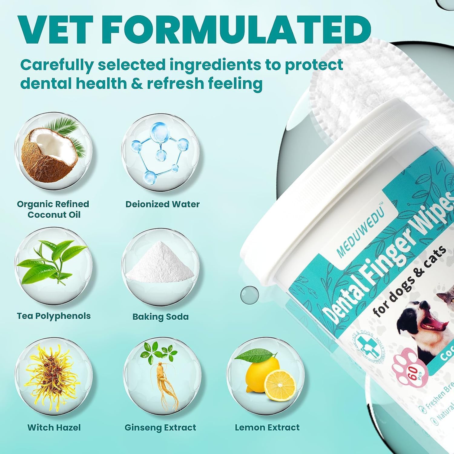 MEDUWEDU Dental Care Finger Wipes 120 Counts,Teeth Cleaning Finger Wipes for Dogs & Cats,Reduces Plaque & Supports Oral Freshness, Coconut Scent