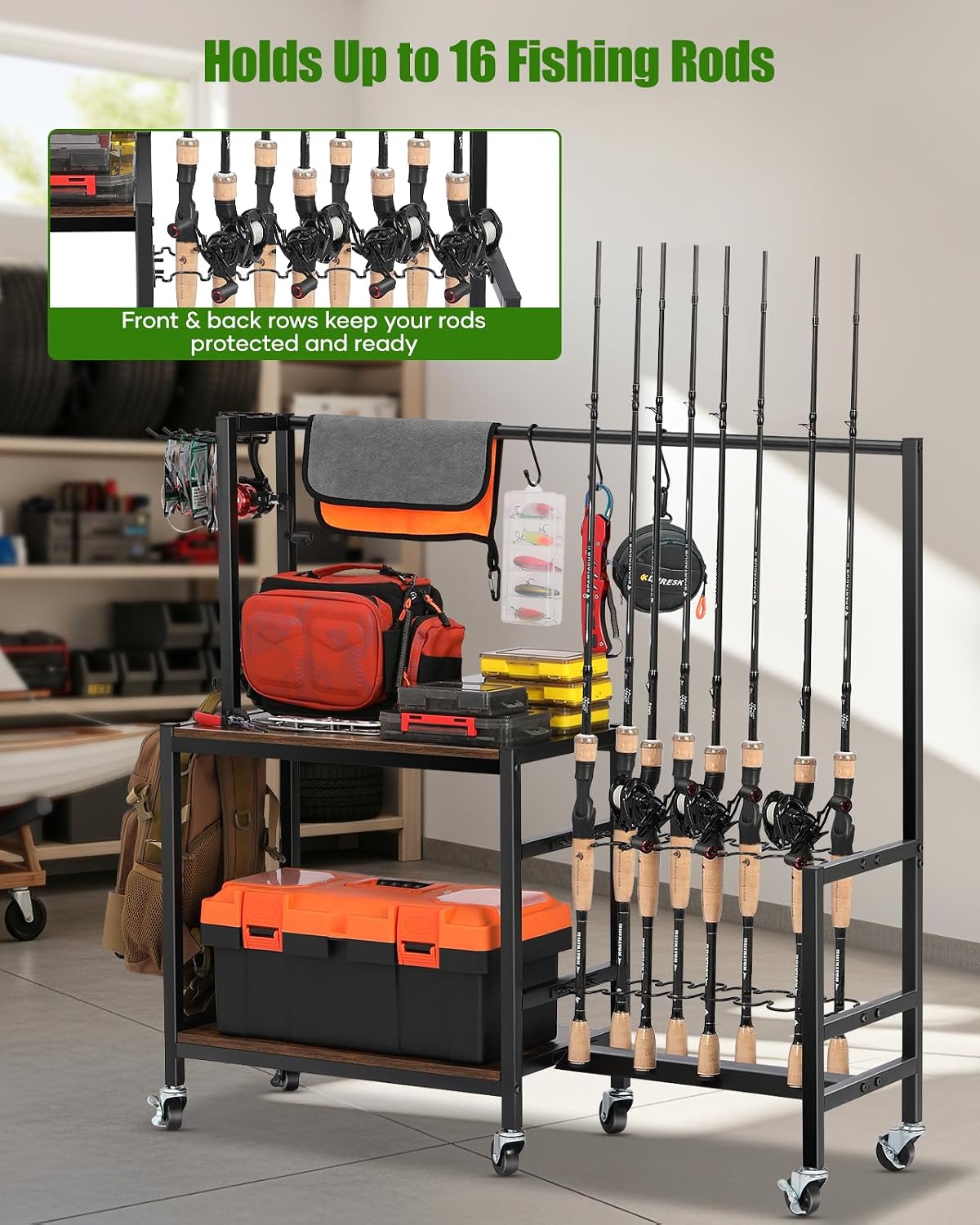 EXTCCT Fishing Rod Holder, Rolling 16 Pole Rack Cart for Garage, Brown
