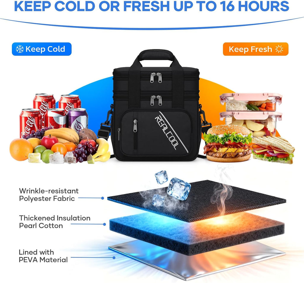 RealCool Insulated Lunch Bag, Portable Double Deck Lunch Box for Men Women