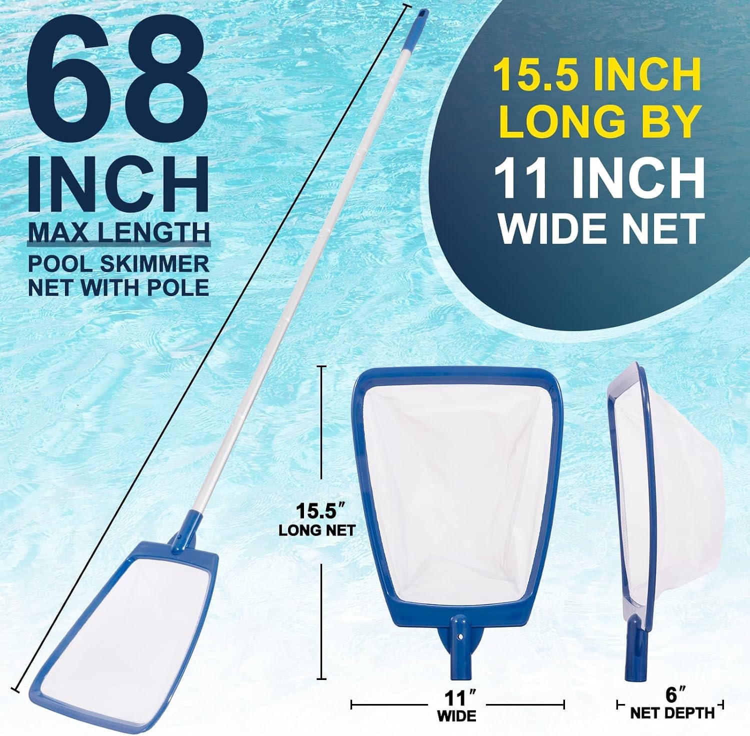 POOLAZA Pool Skimmer Net with 68" Aluminum Pole, Ultra Fine Mesh