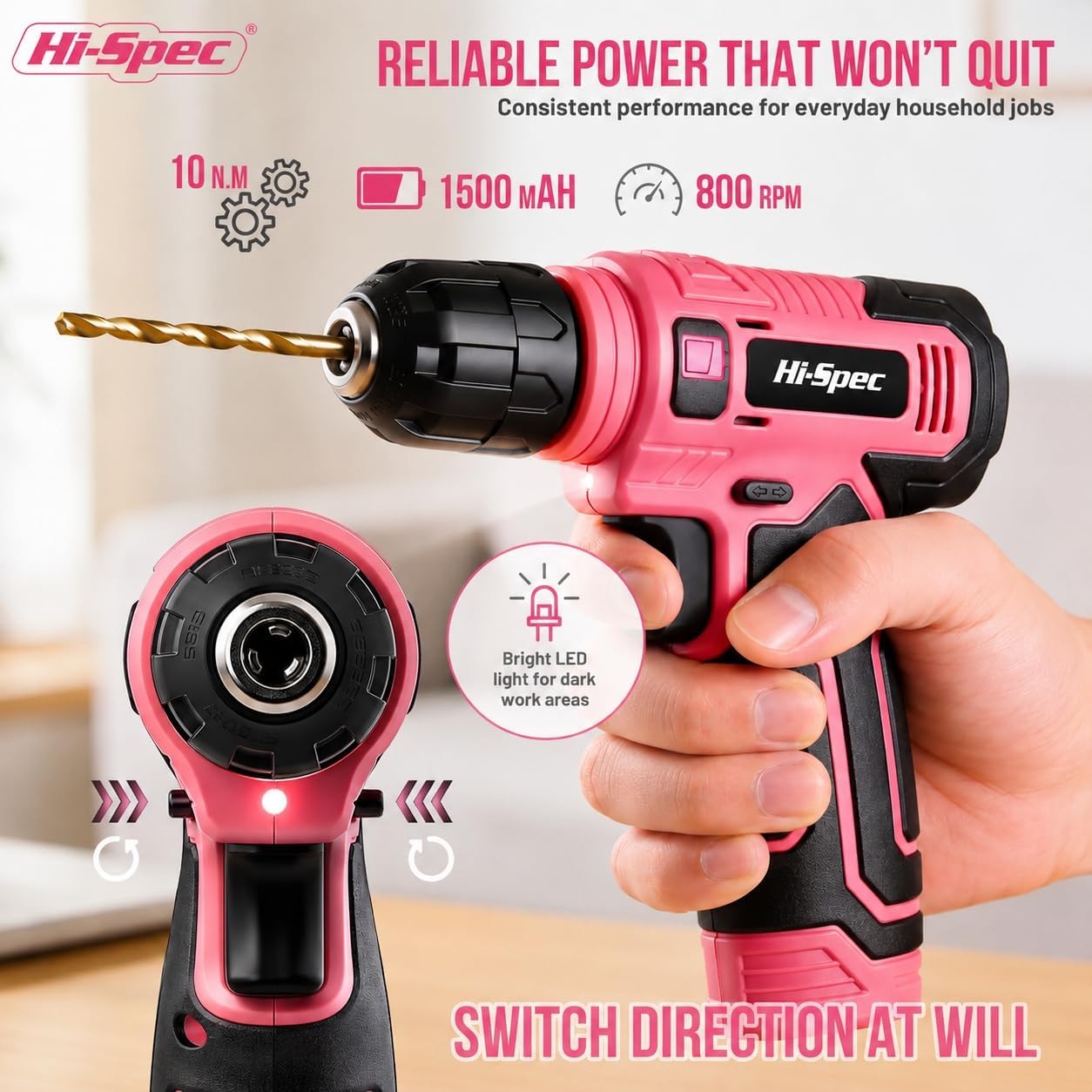 Hi-Spec Tool Set with 8V Drill Set Home DIY Repair & Maintenance, Pink
