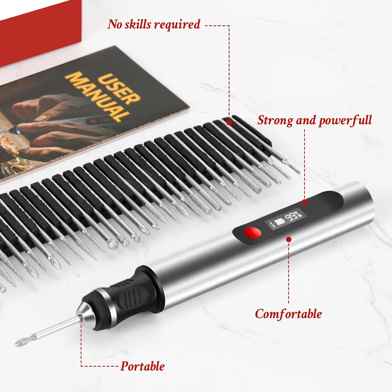 Engraving Pen, Ultimate Cordless Engraving Pen for Artists & DIYers - Engrave 60+ Surfaces - Beginner Friendly- 30 Bits & Mastery Guide (Grey)