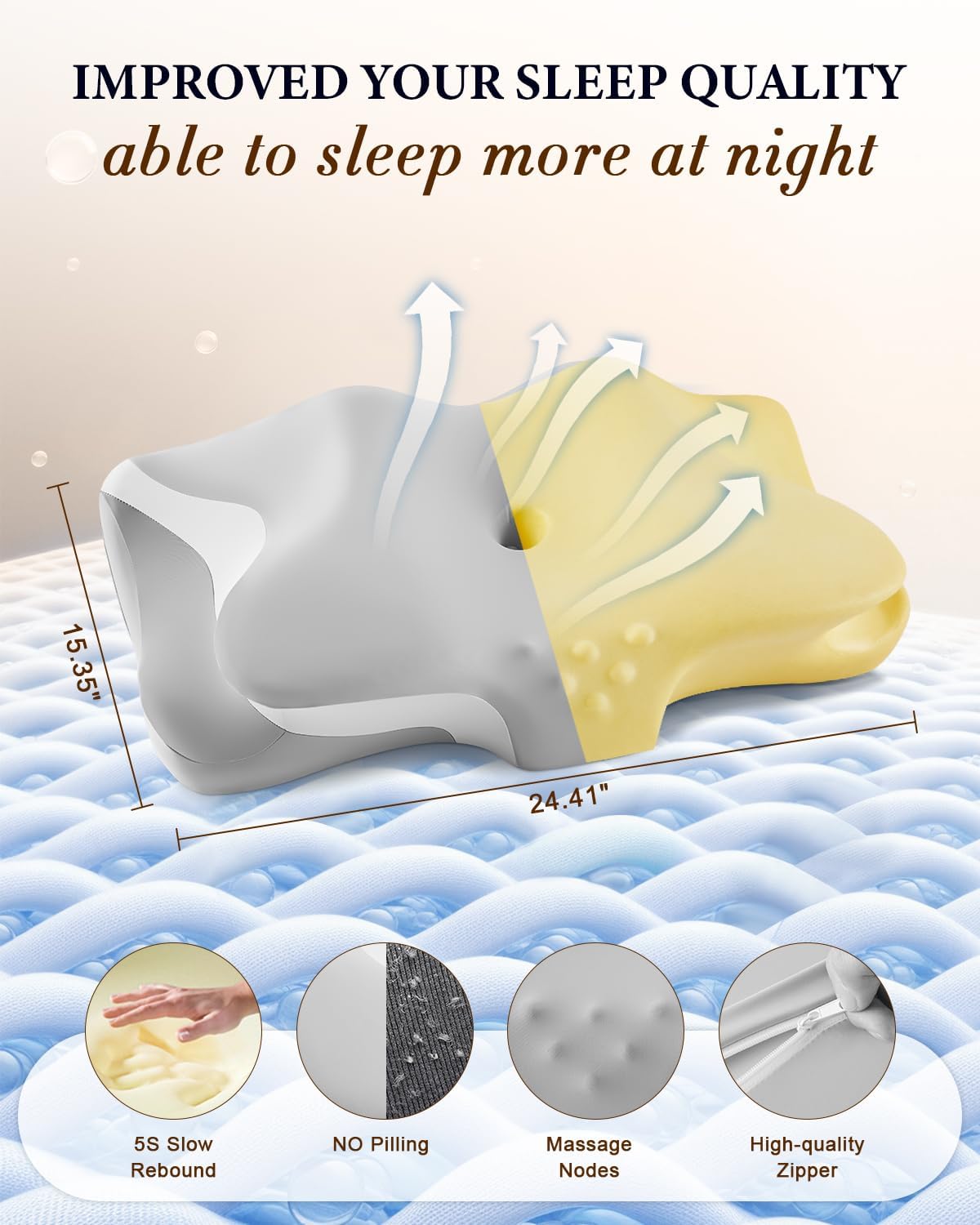 Camping Pillow with Hand-Rolled Vacuum Bag - Cooling Cervical Pillow for Sleeping, Ergonomic Memory Foam Pillows for Indoor & Outdoor Use, Neck Pillow for Side Back Stomach Sleepers Light Grey