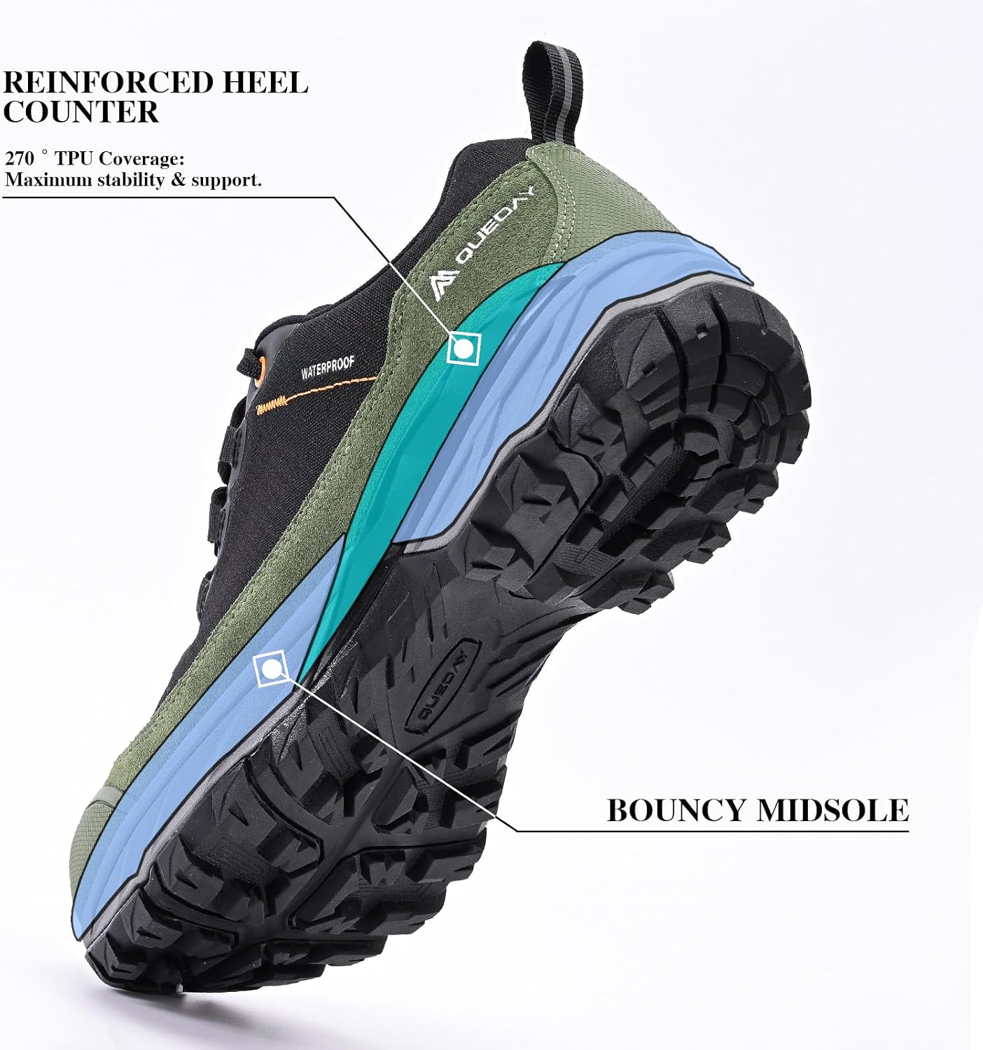 Queday Mens Waterproof Hiking Shoes Lightweight Outdoor Cordura Walking Shoes Breathable Hike Trekking Trails Camping Climbing
