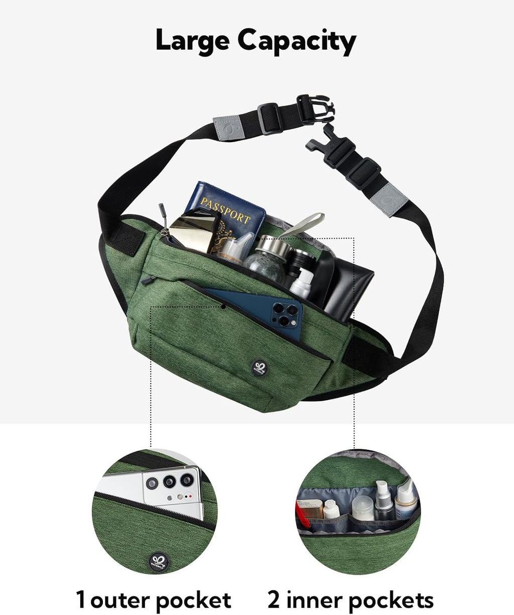 WATERFLY Fanny Pack for Men Women Water Resistant Large Hiking Waist Bag Pack Carrying All Phones for Running Walking Traveling (Green), (ONJ05)