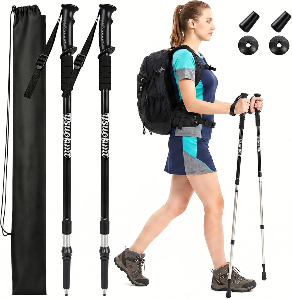 Hiking Trekking Poles, 2 Sticks with Anti-Shock and Quick Lock System， Ultralight, Telescopic, Collapsible，for Backpacking, Camping, Mountaineering, Trail Running, Snowshoeing, Men Women