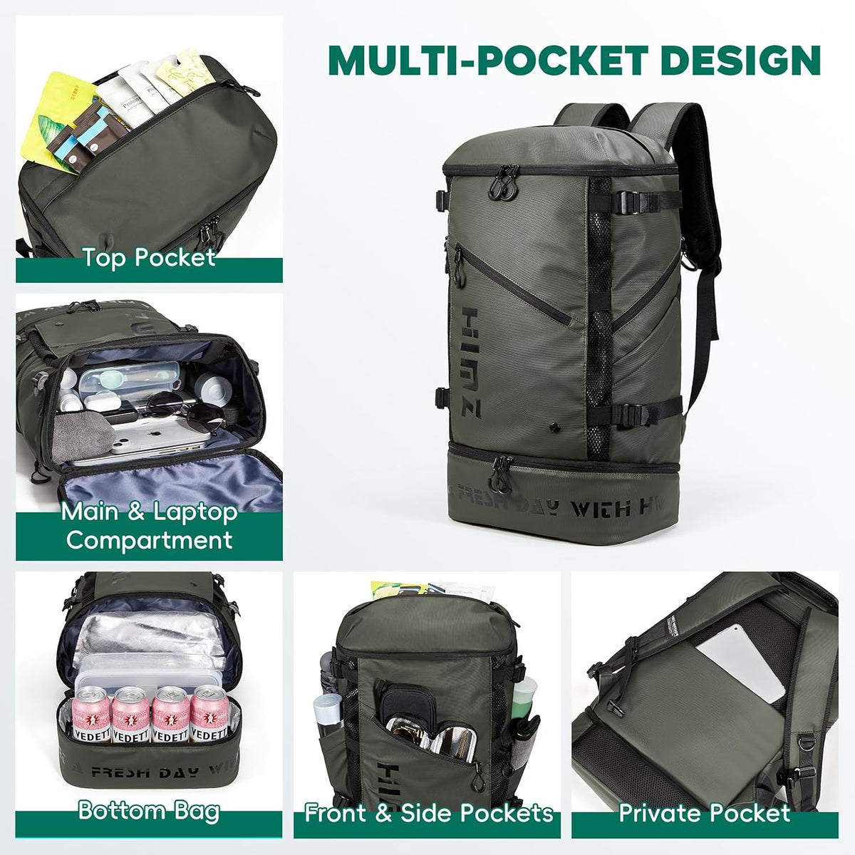 Lunch Backpack Cooler Compartment Insulated, Green