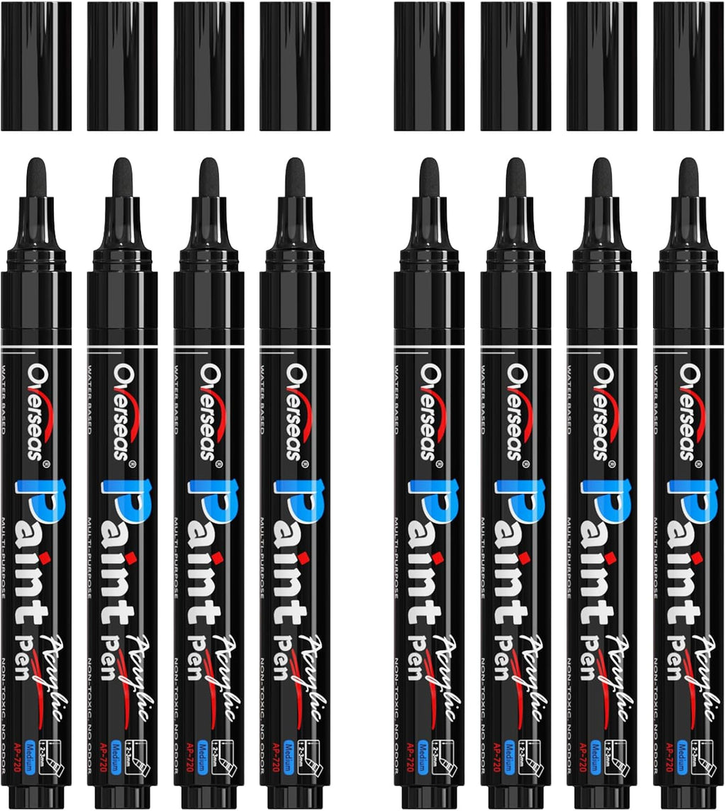 Overseas Black Acrylic Paint Markers 8 Pack, Medium Tip Paint Pens