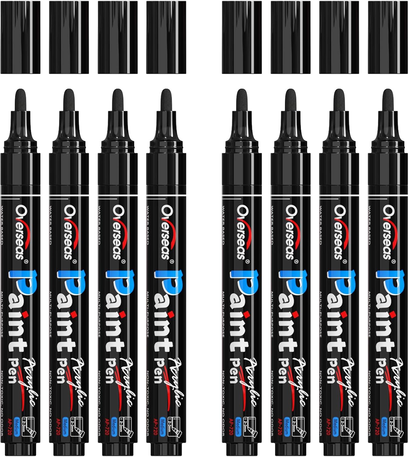Overseas Black Acrylic Paint Markers 8 Pack, Medium Tip Paint Pens