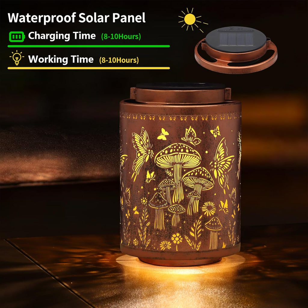 Solar Lanterns Outdoor Waterproof Mushroom Butterfly Garden Decor Gifts for Women Mon Grandma Metal Hanging Solar Lights Decoration for Outside LED Lanterns for Yard Patio Lawn