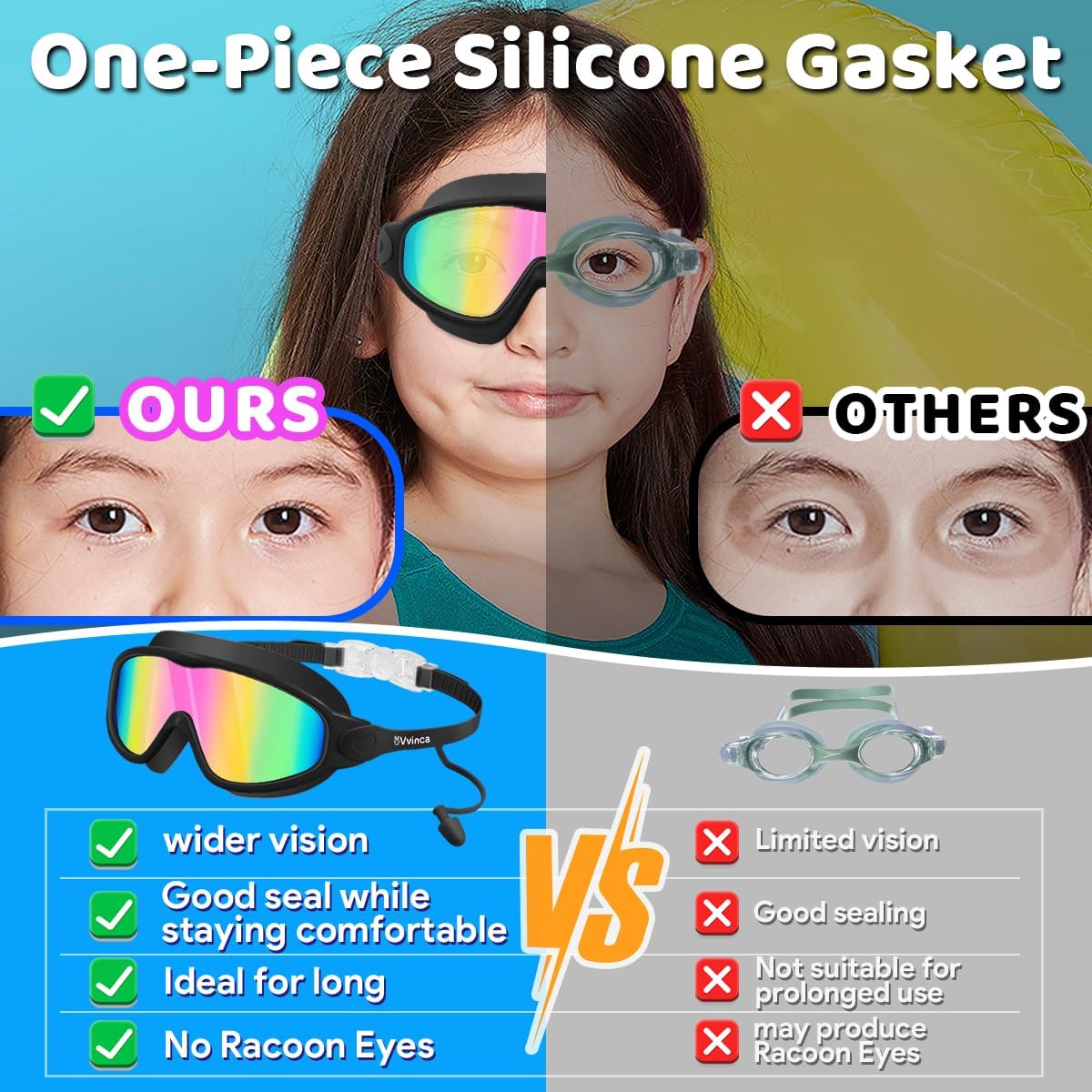 Kids Swim Goggles for 3-15, Kids Goggles with Earplugs& Nose Clip Wide View