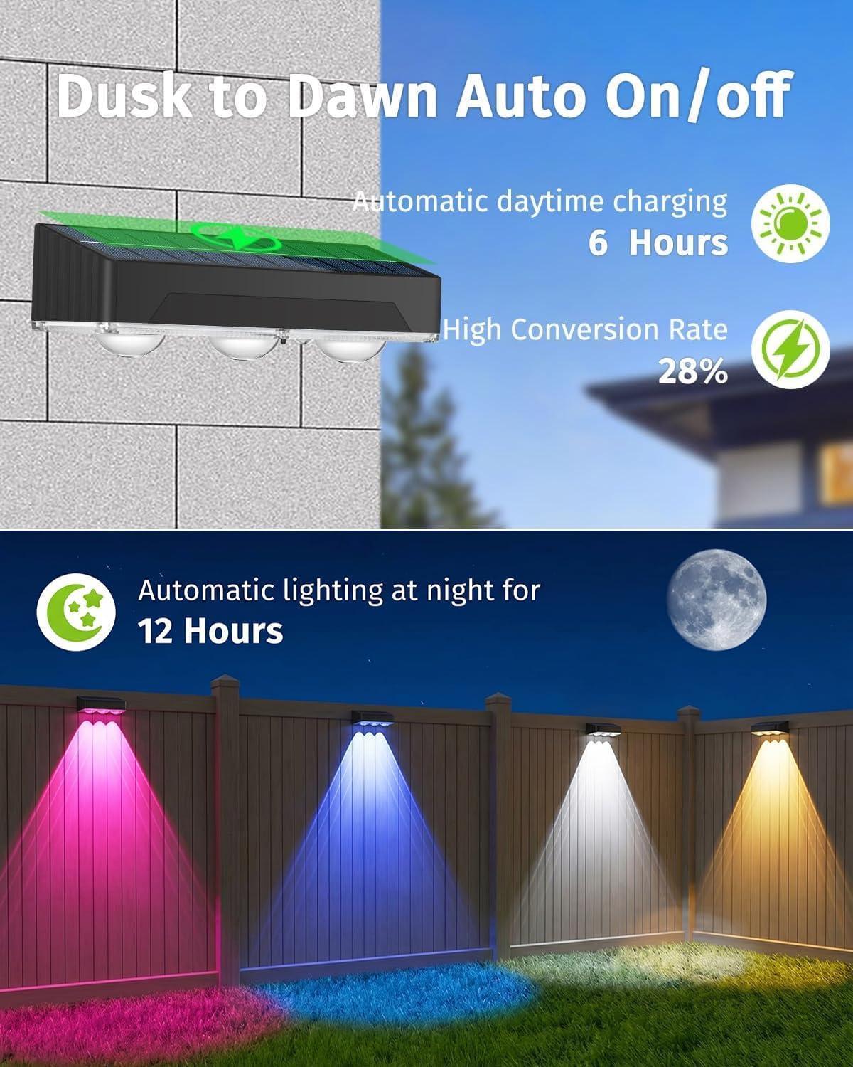 Solar Fence Lights Outdoor 12 Pack Upgraded High Brightness 3 LED Spot Lens Waterproof Deck Lights 7 Mode Warm&Cool White RGB Solar Powered Wall Lighting Decor for Outside Patio Step Backyard Railing
