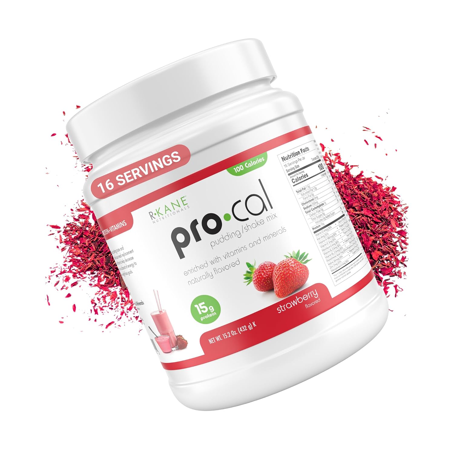 Pro-Cal Strawberry Meal Replacement Powder - High Protein, Low Calorie Shake & Pudding Mix - Low-Carb, Gluten Free - Breakfast Boost - Delicious & Easy to Prepare - 16 Servings, 15.2oz