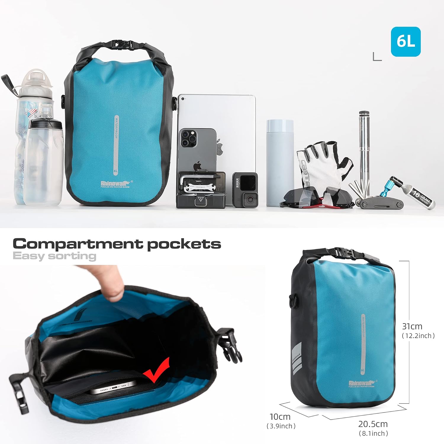 Rhinowalk Bike front fork Waterproof Bag Bike Pannier Bag Saddle Bag Fork Bag Rack Bicycle Bag Shoulder Bag for E-Scooter Mountain Bike Accessories [Blue 6L]