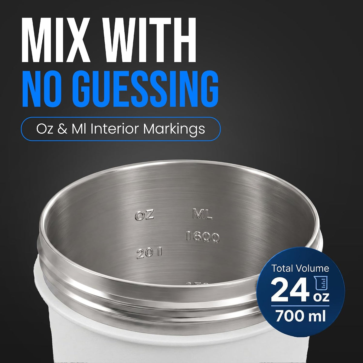 VELOMIX 24oz Stainless Steel Shaker Bottle with Wire Whisk (White)