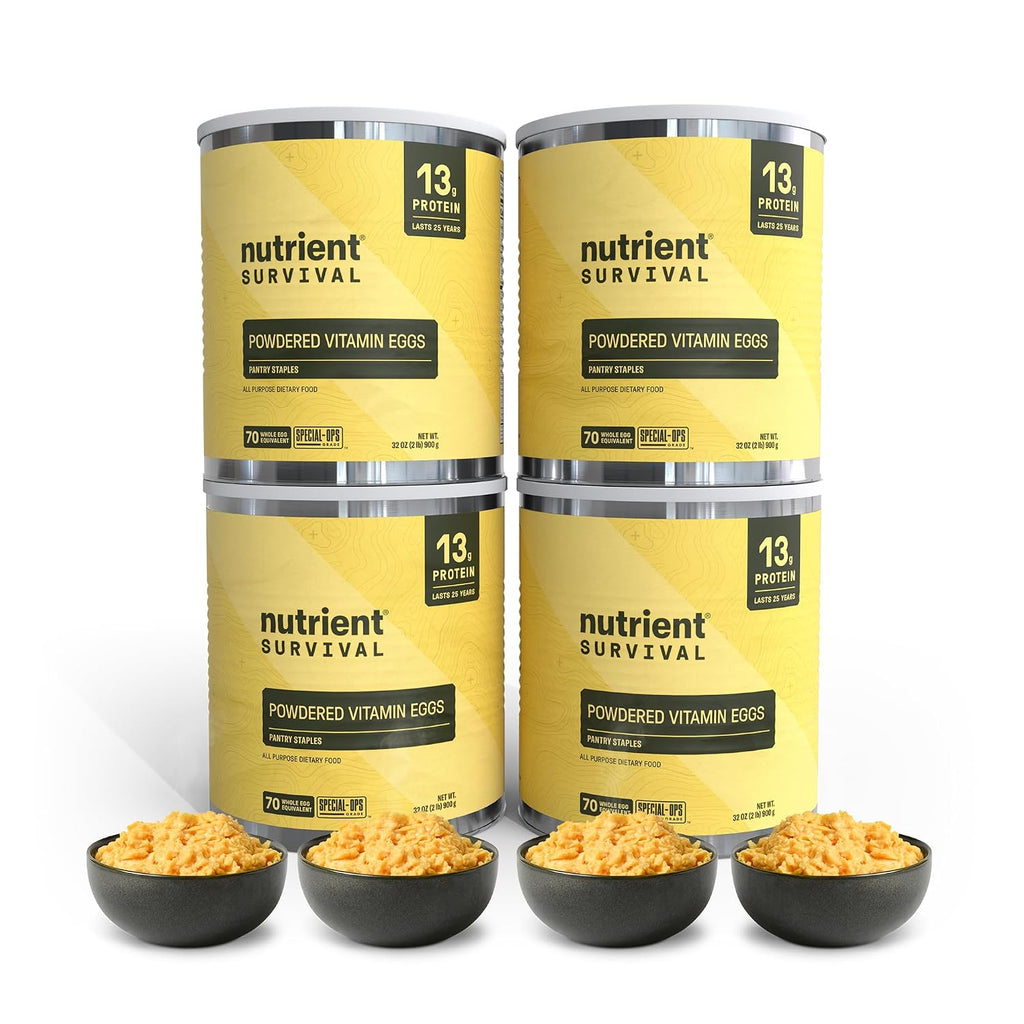 4 Cans, 70 Egg Equivalent per can - Nutrient Survival Vitamin Powdered Eggs Freeze Dried Prepper Supplies & Emergency Food Supply, 33 Essential Nutrients, Gluten Free, Shelf Stable Up to 25 Years