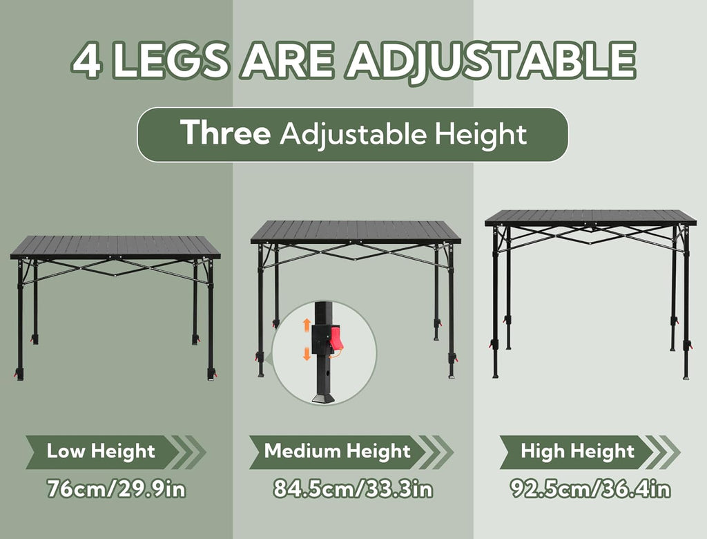 Portable Outdoor Adjustable Height Camping Table, Large for 2-6 Person