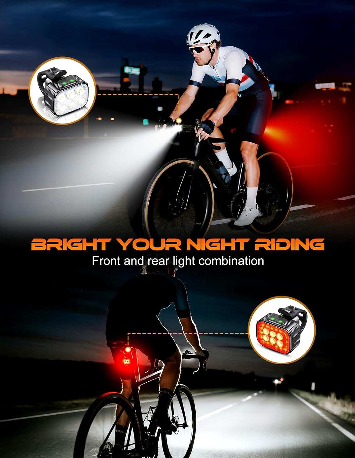 Cuvccn Bike Lights Super Bright, Rechargeable Bicycle Lights Set Multiple Modes, Waterproof Bike Lights for Night Riding/Cycling Safety, Front and Back Bike Reflectors Light, Long Battery Life
