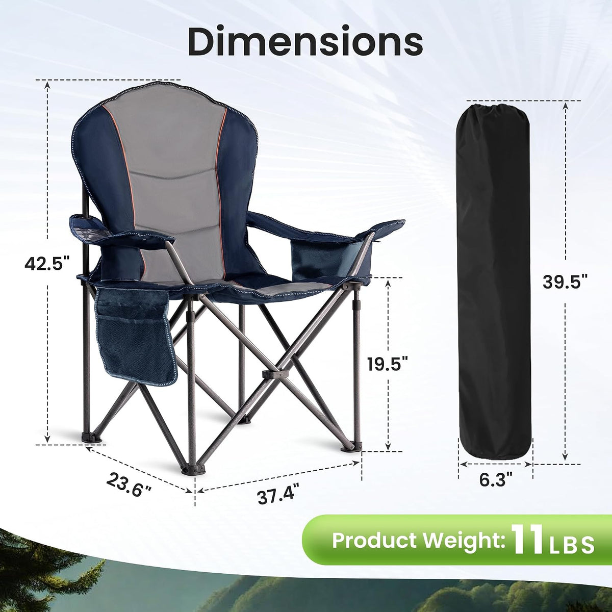 2 Pack Folding Camping Chairs for Adults - High Back Padded Outdoor Lawn Chairs with Lumbar Support & Cup Holder, 500lbs Heavy Duty Portable Camping Chairs Set (Blue & Gray, 2 PCS)