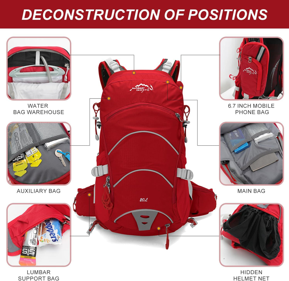 IX INOXTO 20L Hydration Backpack, Waterproof Hiking Internal Frame Backpacks with 2L Hydration Water Bladder and Rain Cover for Men, Lightweight Travel Daypack for Cycling,Camping,Ski (red)