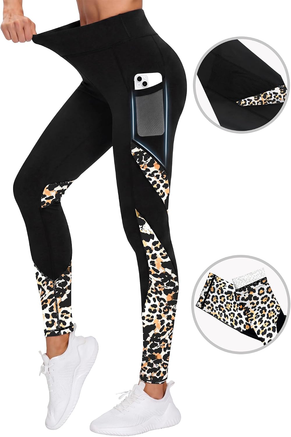 Women's High Waisted Yoga Leggings - Leopard Block Print Phone Pockets Tummy Control Workout Casual Pants