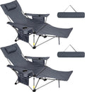 Romswi 2 Pack Reclining Camping Chairs with Removable Footrests, 4-Position Adjustable Lounge Chairs, 300 LBS Heavy Duty Folding Chairs with Cooler Bag, Cup Holder & Carry Bag, Grey