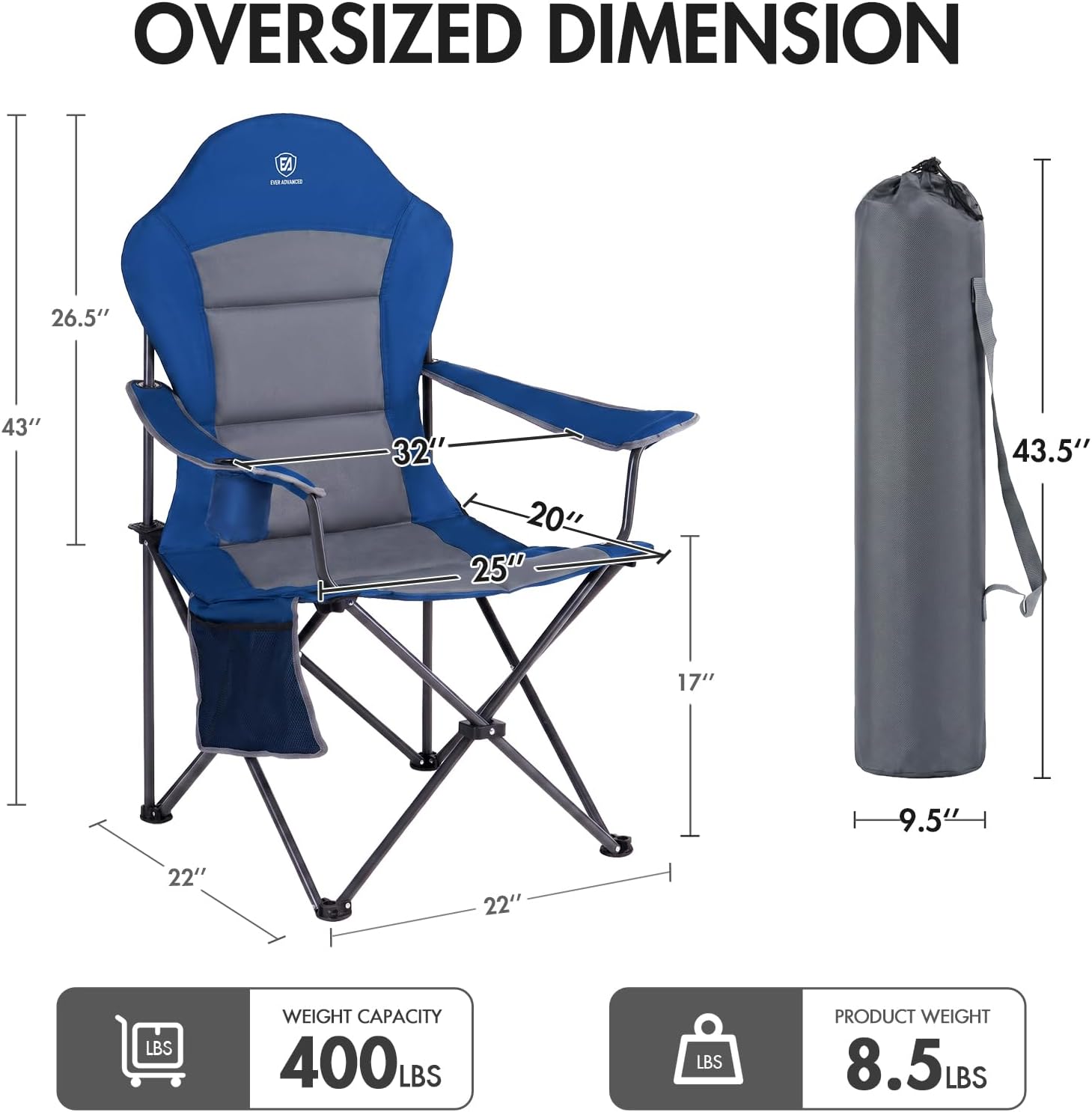 EVER ADVANCED Folding Camping Chair with High Back Padded 2 Pack Oversized Portable Lawn Chairs Lightweight Sturdy Steel Foldable Outdoor Camp Chair for Adults,Grey