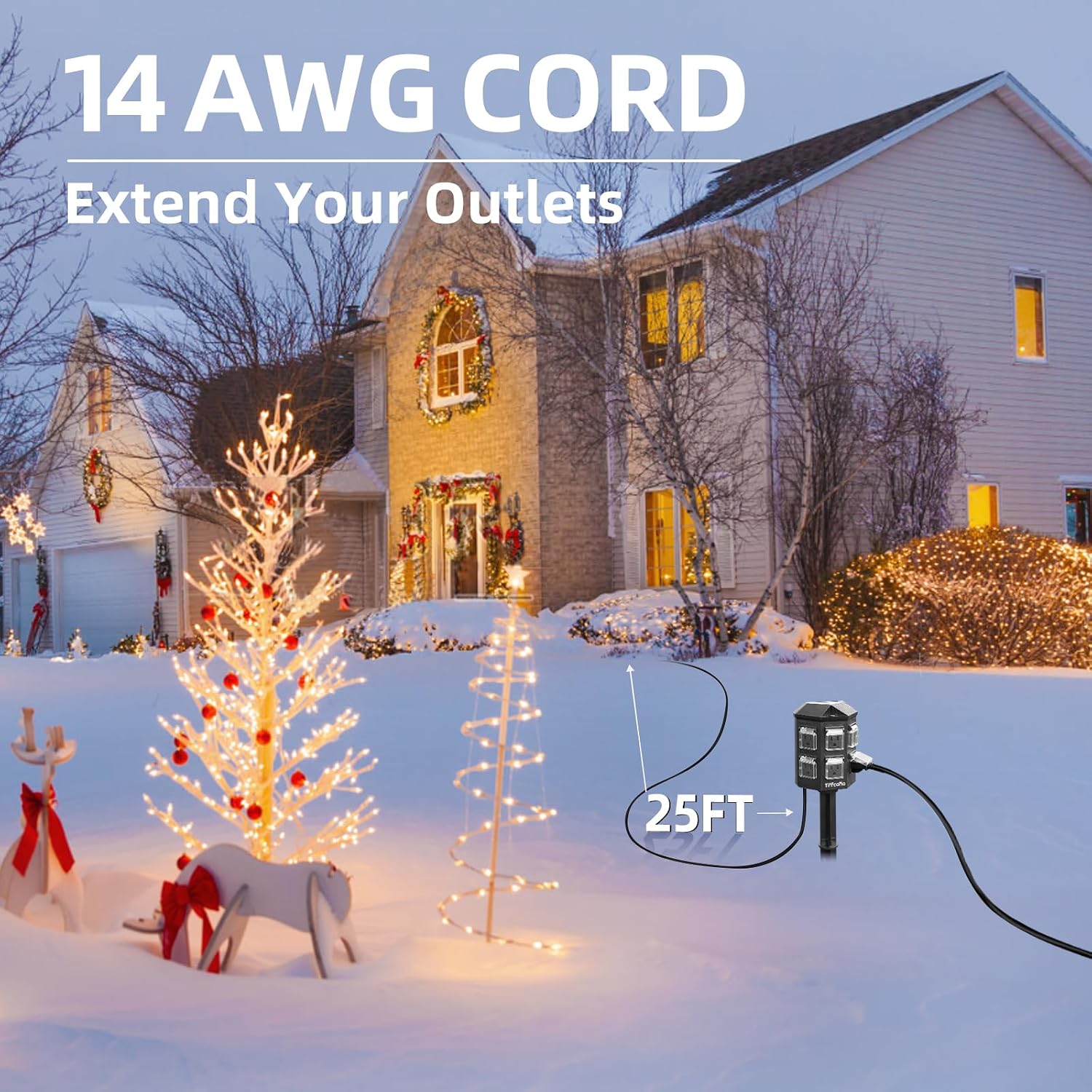 TiFFCOFiO Outdoor Power Strip Weatherproof, 25 FT Extension Cord with Stake, 6 Grounded Outlets for Yard, Pool and Garden Decorations, 15A/1875W, ETL Listed