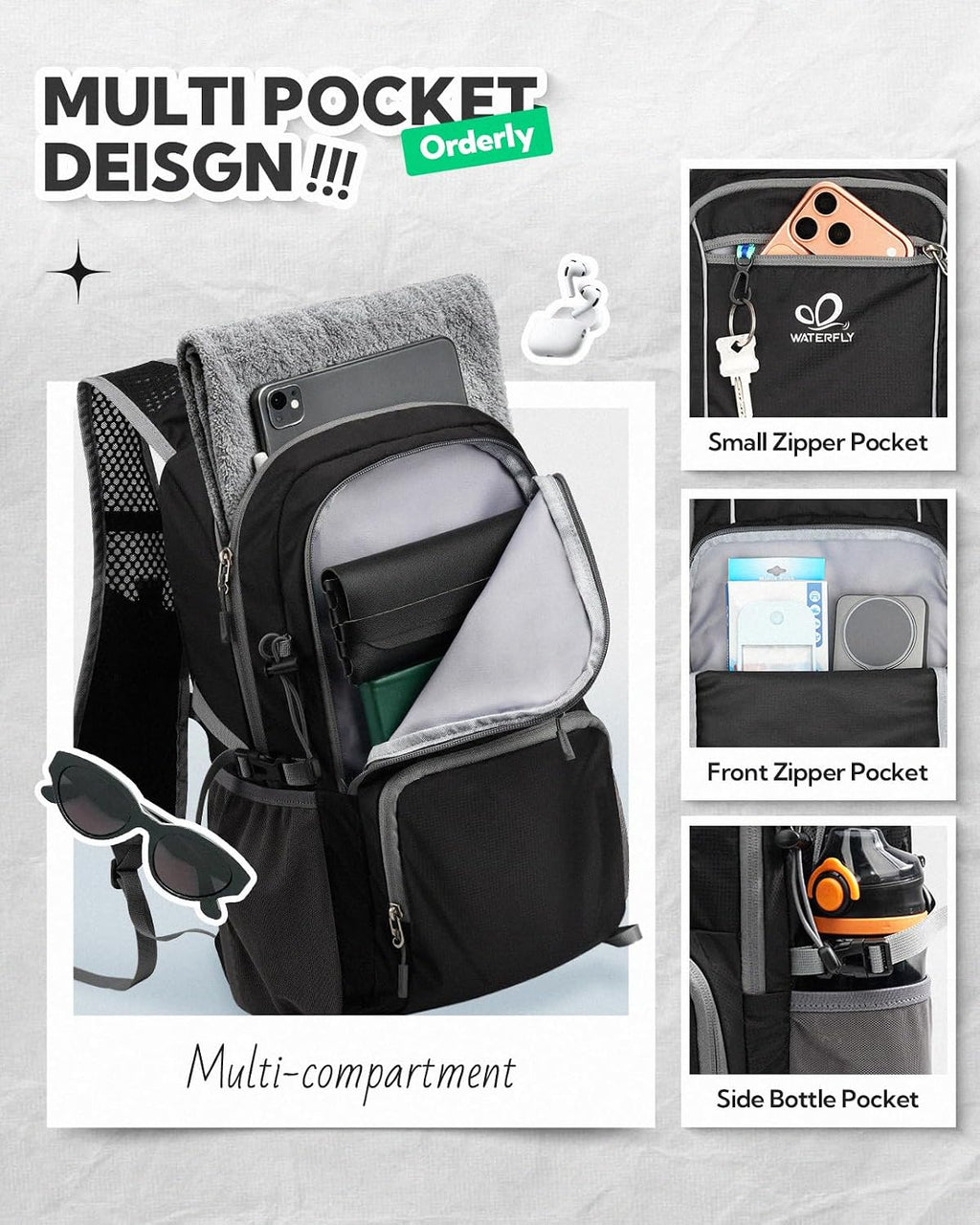 WATERFLY Packable Hiking Backpack, 20L Small Lightweight Foldable Daypack