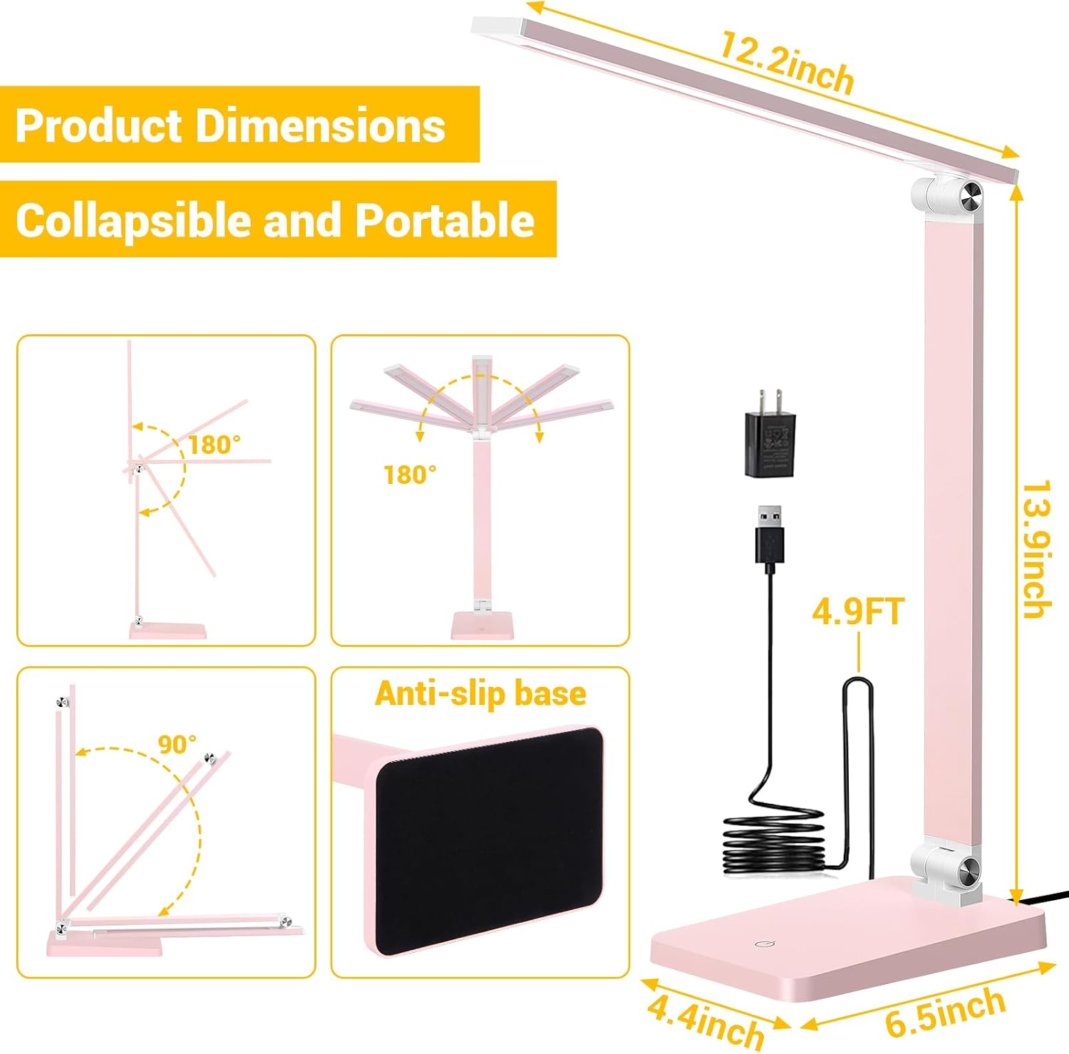 LED Desk Lamp for Home Office, 3 Levels Dimmable Desk Light with USB Charging Port, Reading Lamp for Table Study Work Office Nail Craft Puzzle, Pink, 5000K
