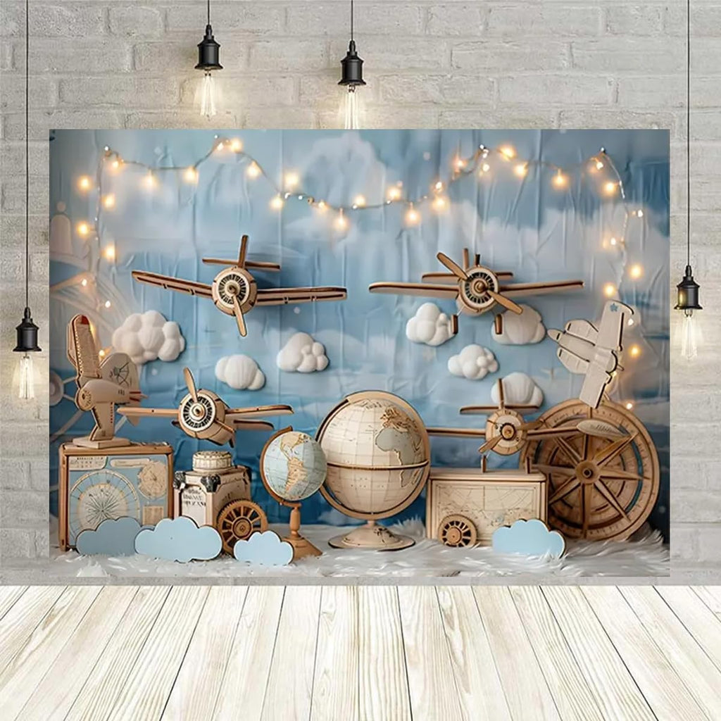 Vintage Airplane World Map Photography Backdrop Blue Sky Cloud Globe Compass Travel Adventure Background for Newborn Baby Boy Shower 1st Birthday Cake Smash Photo Studio Props (7X5FT)