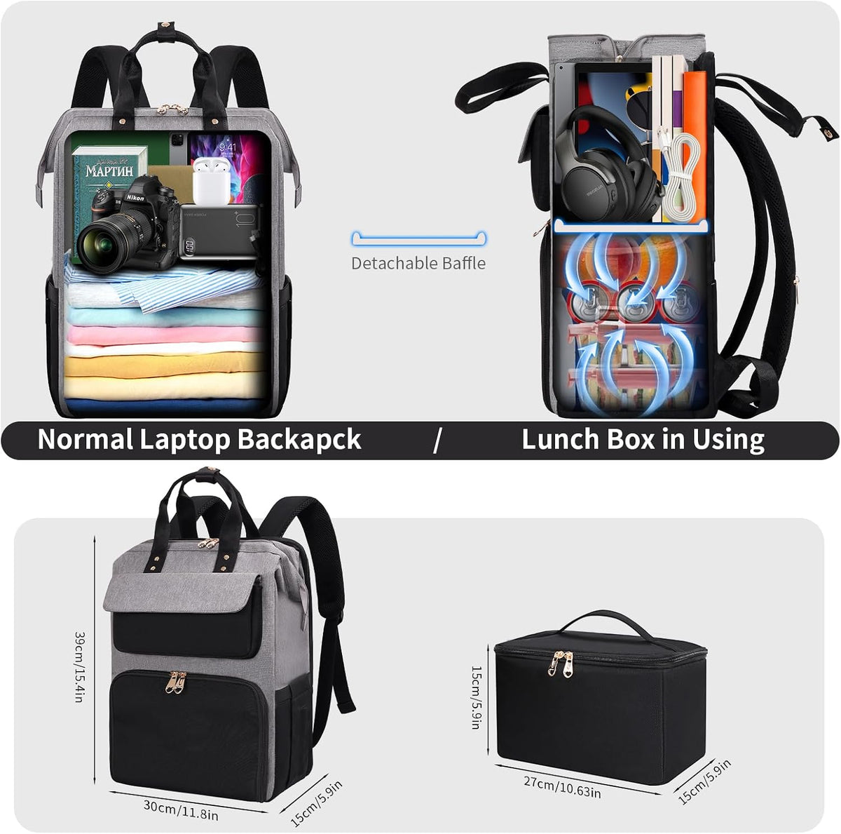 BERTASCHE Lunch Backpack for Women, 15.6 Inch Laptop Backpack with Insulated Cooler Lunch box, Nurse Backpack for Teacher Work Travel College Picnic,Black-Grey