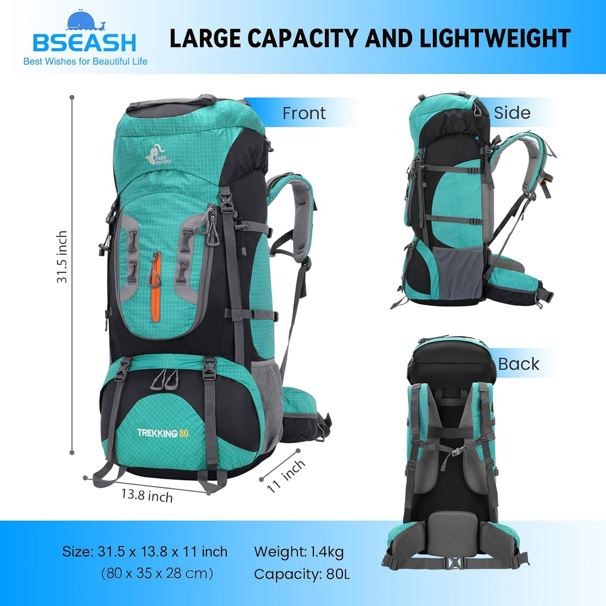 Bseash 80L Waterproof Hiking Camping Backpack with Rain Cover, Lightweight Outdoor Sport Travel Daypack for Climbing Touring